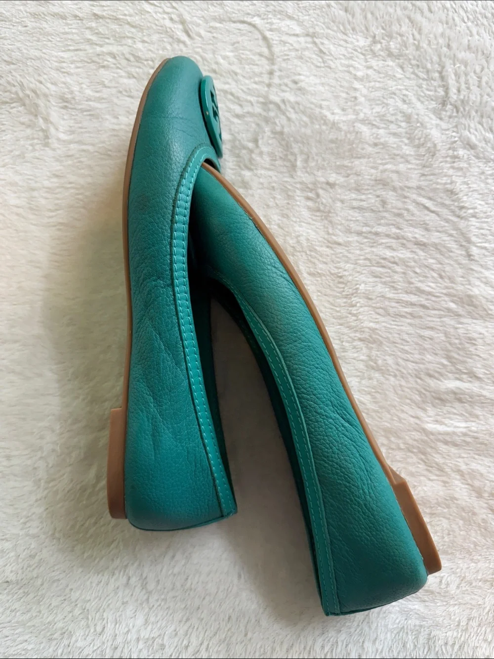 Tory Burch Turquoise Teal Leather Logo Ballet Flats Size 8